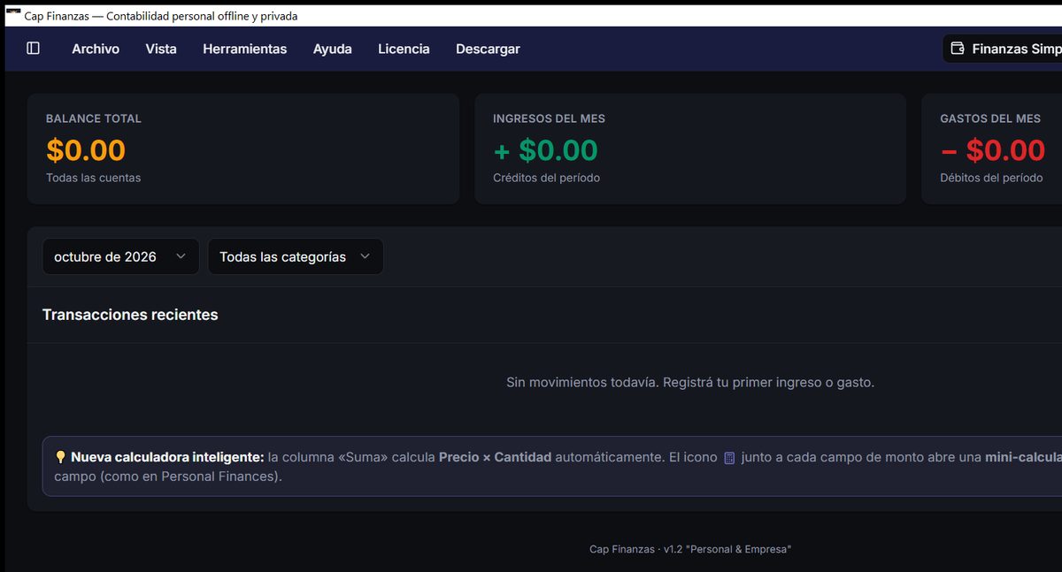 Cap Finanzas — Panel principal con Balance Total, Ingresos y Gastos